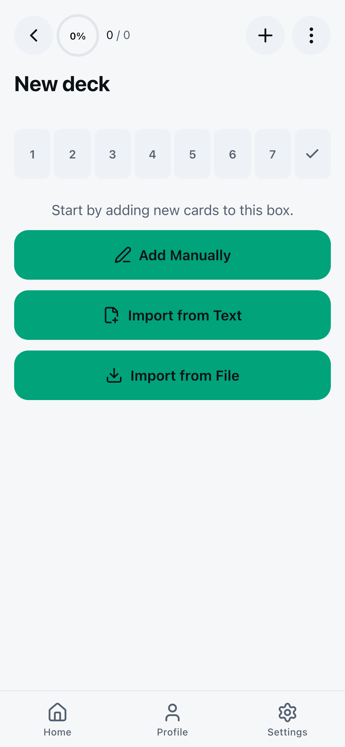 New deck — Add Manually, Import from Text, and Import from File options